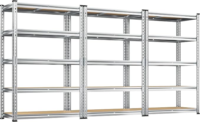 REIBII Garage Shelving, 5 Tier Storage Shelves Load 2400LBS, Adjustable Garage Shelving Heavy Duty, Metal Shelving Unit with Waterproof Columns, 35.5" W x 11.9" D x 72" H, Galvanized, 3 Pack by REIBII