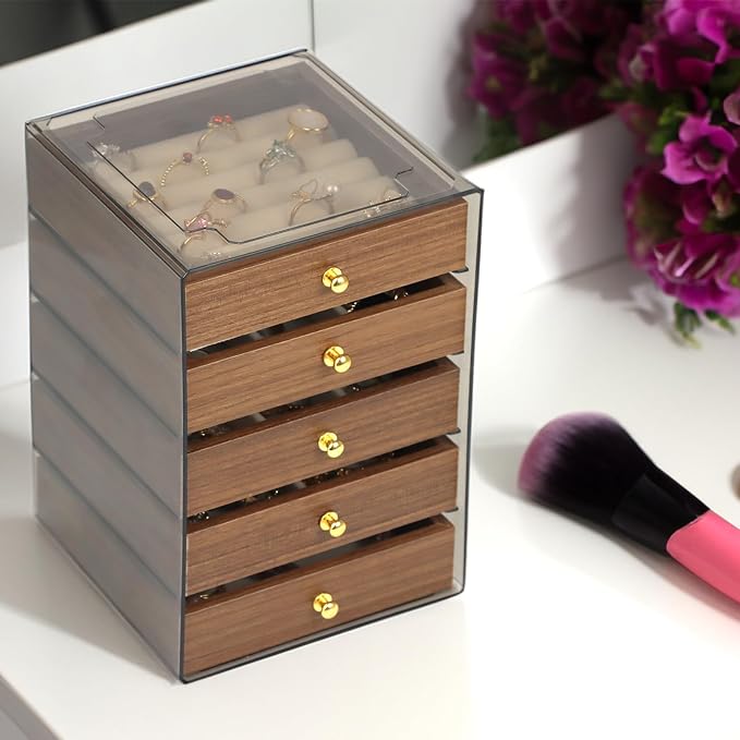 Fordonral Earring Jewelry Organizer Box with 5 Drawers, Plastic Jewelry Storage with Asjustable Velvet Trays, Multiple Display Holder for Earrings Ring Bracelet Necklace (Small-5-Drawer) - Image 5