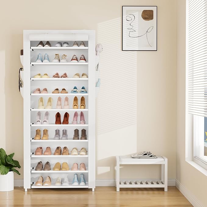 VTRIN Vertical Narrow Shoe Rack Organizer Tall Shoe Rack for Closet Entryway 10 Tier Non-Woven Cover Shoe Shelf Holds 36-41 Pairs Free Standing Shoe Storage Cabinet with Dustproof Cover, White - Image 7