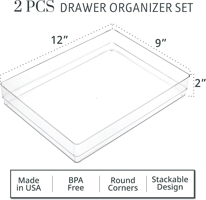 STORi SimpleSort 2-Piece Stackable Clear Drawer Organizer Set | 12" x 9" x 2" Rectangle Trays | Wide Makeup Vanity Storage Bins and Office Desk Drawer Dividers | Made in USA - Image 2