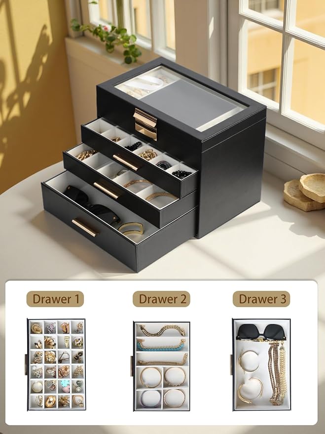BOOVO Jewelry Boxes for Women, White and Black 6 Layer Large Jewelry Box for Necklace, Bracelet, Earrings, Rings Storage, Jewelry holder Organizer for Girls Gift (Clear Black, 4 layer) - Image 5