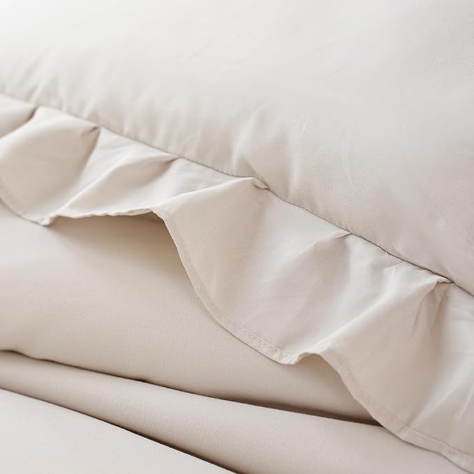 JANZAA King Size Comforter Set Beige Ruffle Comforter 3PCS Soft Fluffy Boho Comforter Vintage Farmhouse Bed Set Shabby Chic Bedding with 2 Pillowcases for All Season