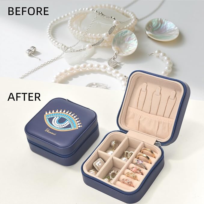 shunmei Mini Travel Jewelry Box,PU Leather Portable Jewelry Organizer Case,Art Accessories Storage Holder Boxes for Earring, Necklace, Rings, Bracelets (Blue Eyes) - Image 7