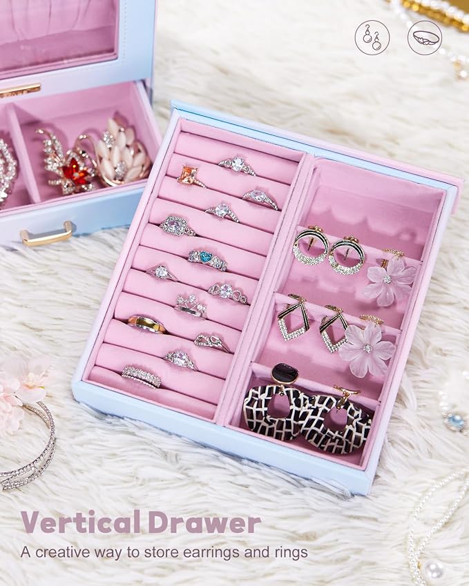 Homde Jewelry Organizer Girls Women Jewelry Box for Necklaces Rings Earrings Gift Bracelets Storage Case (Blue - Pink Gradient + Gold) - Image 5