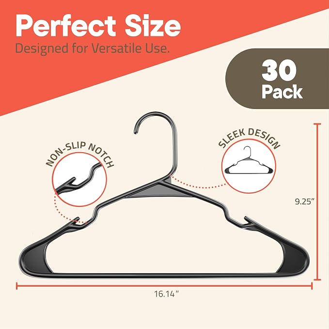 Gray Plastic Hangers 30 Pack– Heavy-Duty Plastic Hangers Slim and Space-Saving, Durable and Lightweight PP with Non-Slip Shoulder Notches for Slip Dresses, Suits, Jackets & Camisoles - Image 2