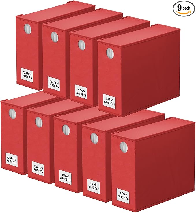 SpaceAid 9 Pack Bed Sheet Organizers and Storage, Foldable Sheet Organizer with Window for Linen Closet, Set Folder Keeper for Queen & King Size Bedding Storage (Red) by SpaceAid