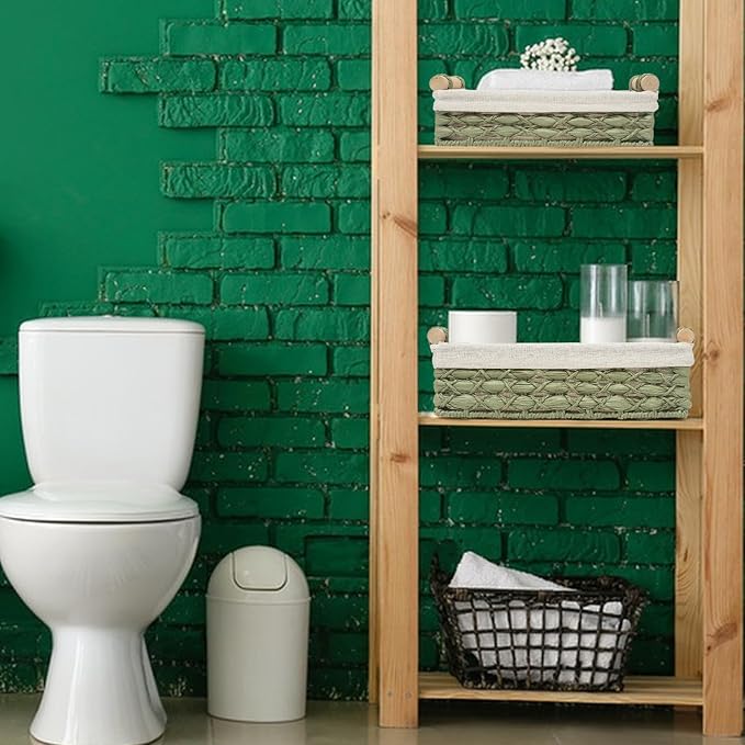 Storage Basket Wicker Baskets for Organizing with Handle Decorative Storage Bins for Countertop Toilet Paper Storage Basket for Toilet Tank Top Small Baskets Set (Set of 2,Green) - Image 6