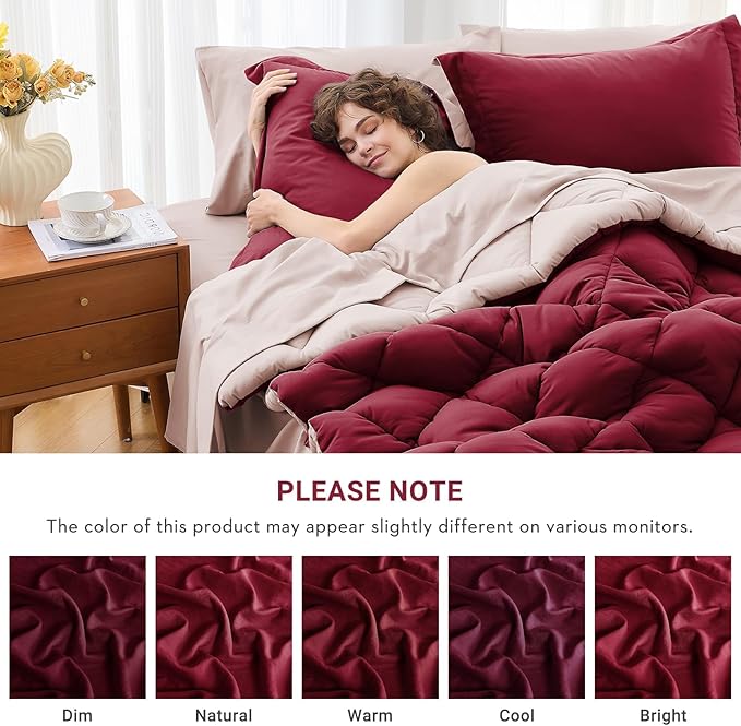 MUXHOMO 7 Pieces Full Comforter Set, Reversible Bed in a Bag Full Size, All Season Bedding Set with Comforter, Flat Sheet, Fitted Sheet, Pillowcases & Shams, Burgundy & Rose Gold
