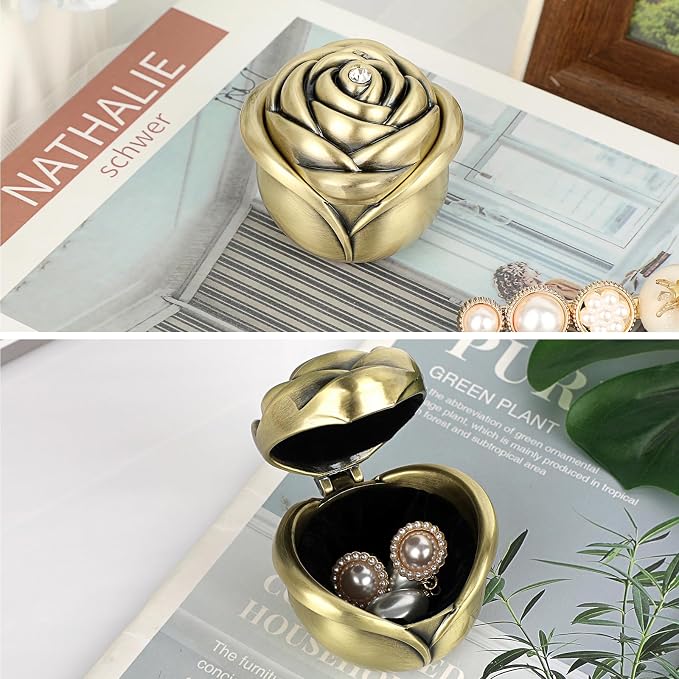 Hipiwe Small Vintage Jewelry Box, Rose Shape Ring Holder Treasure Chest Box for Women, Trinket Storage Case Keepsake Box for Rings Earrings Necklace, Bronze - Image 3