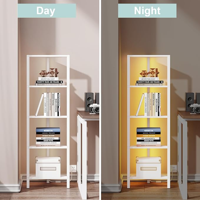 TUTOTAK Corner Shelf with LED Light, 5-Tier Corner Bookshelf for Small Space, Narrow Display Corner Shelf Stand with Storage Rack, for Living Room, Bedroom, White BS05BW005L - Image 5
