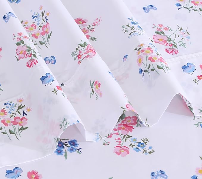 RUVANTI 100% Cotton Sheets – California King Percale Bedding, Cooling & Breathable Floral Design, Durable with a Crisp, Soft & Comfortable Feel, 14" Deep Pocket, 4-Piece Set, Funa Flora