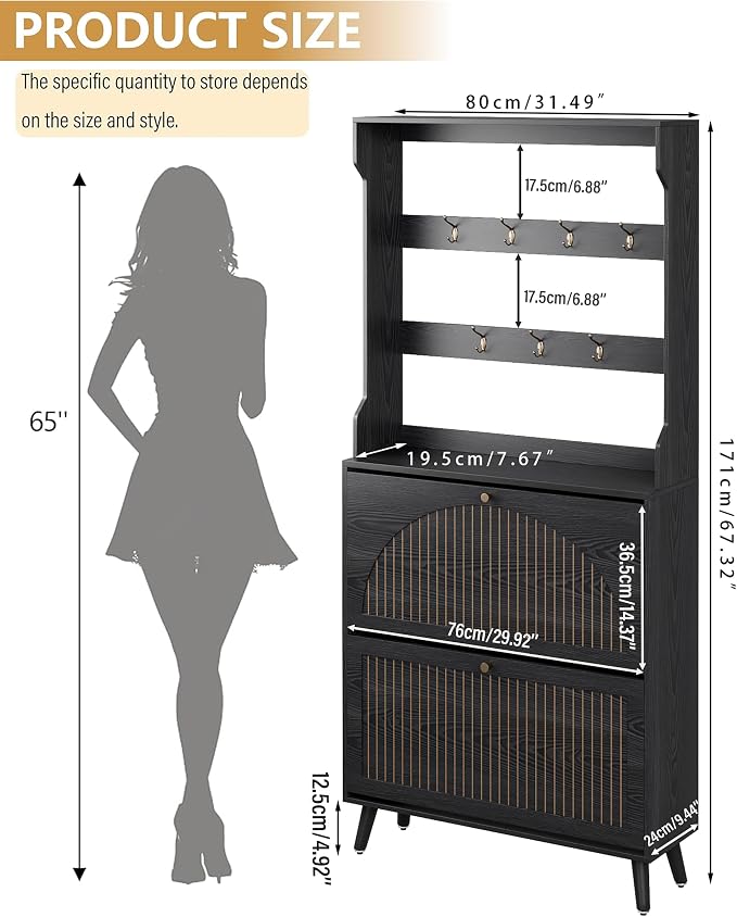 Fsbecl Shoe Cabinet for Entryway with 2 Flip Drawers & Coat Rack, Narrow Hidden Shoe Storage Cabinet with Fluted Panel, 2-in-1 Hall Tree Slim Freestanding Shoe Rack Organizer for Hallway, Black - Image 2