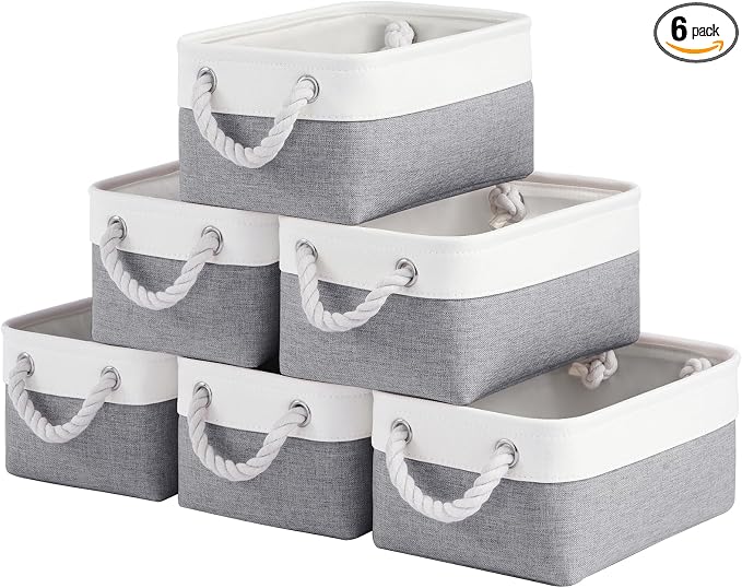 Storage Baskets for Shelves 11.8x7.9x5.2 Inch, Foldable Fabric Storage Bins with Handles, Small Storage Baskets for Organizing Closet, Office, Home Organization (6-Pack, White&Gray) by VQRTEXAStorageBasket
