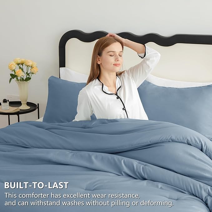 CozyLux Queen Comforter Set Grayish Blue, 3 Pieces Solid Comforters Queen Size Breathable Bedding Sets, Dusty Blue Luxury Soft Lightweight Bed Set with Down Alternative Comforter and 2 Pillowcases