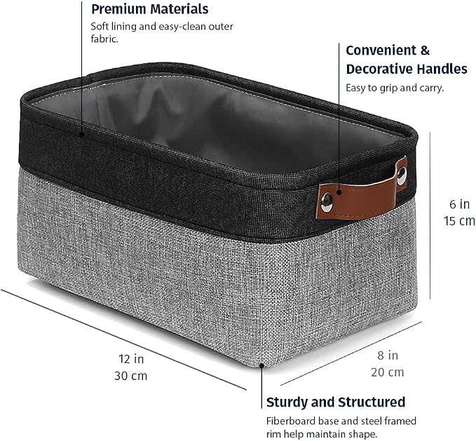 OrganiHaus Small Fabric Storage Baskets 3 Pack, 12x8in Cloth Storage Bins for Shelves, Small Baskets for Organizing Pantry Closet, Canvas Shelf Baskets, Gray/Black - Image 2