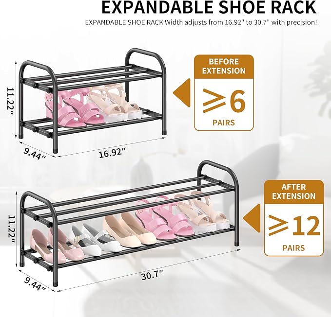 Hleelomi 2-Tier Expandable Shoe Rack for Entryway，Adjustable Metal Shoe Organizer for Closet,Living Room,Dorm,Black - Image 2
