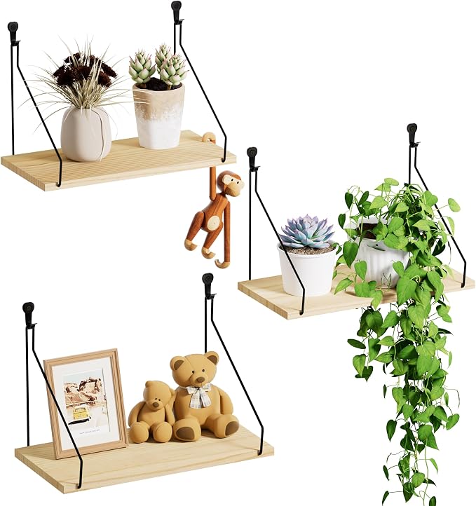 QsQueen Elevate Your Space with Rustic Wood Floating Shelves Set of 3- Perfect for Bedroom, Living Room, Bathroom, and Kitchen Decor - Easy Installation, No Drilling Needed! by QsQueen