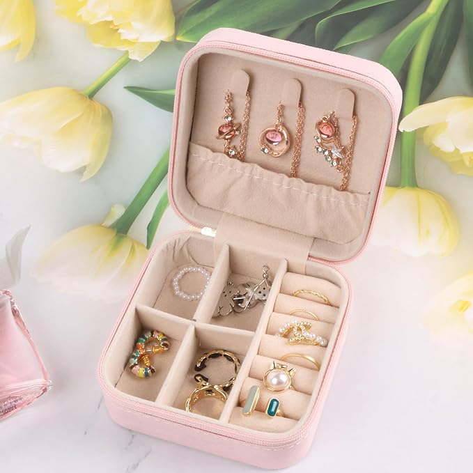 Travel Jewelry Case for Women Girls,PU Leather Small Travel Box Organizer, 6.3x4.3,Pink,1Pack - Image 7