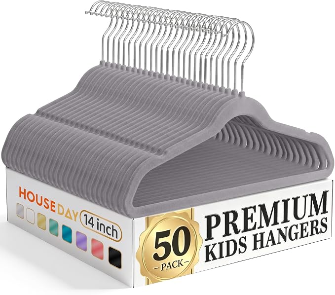 HOUSE DAY 14 Inch Kids Velvet Hangers 50 Pack, Durable Big Kid Hangers for Youth, Teen, Non Slip Kids Felt Hanger, Cute Childrens Hanger for Closet, Grey by HOUSEDAY