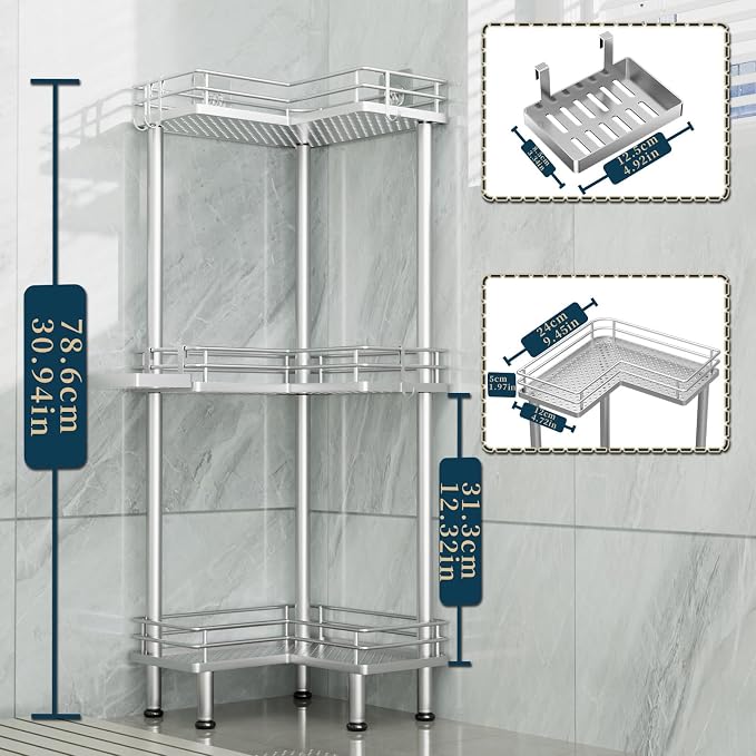 Consumest Corner Shower Caddy Standing - 3-Tier Stainless Steel Shower Organizer with Soap Holder and 4 Hooks, Large Capacity Corner Shelf Stand for Bathroom, Rest Room, Silver - Image 5