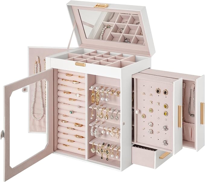 HOOBRO Jewelry Box with Mirror, Travel Jewelry Organizer with Glass Window, Jewelry Storage Case, Vertical Storage, Gift for Loved Ones, for Earrings, Rings, Necklaces, Bracelets, White WT03JB04G2 by HOOBRO