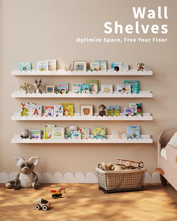 Shario Nursery Book Shelves, 4-Pack White Floating Shelves for Wall Kids, Scalloped Shelves, Wall Book Shelves for Bedroom Kids, Toddler Room, Baby Room, Nursery Decor (White, 47.2 Inches) - Image 6