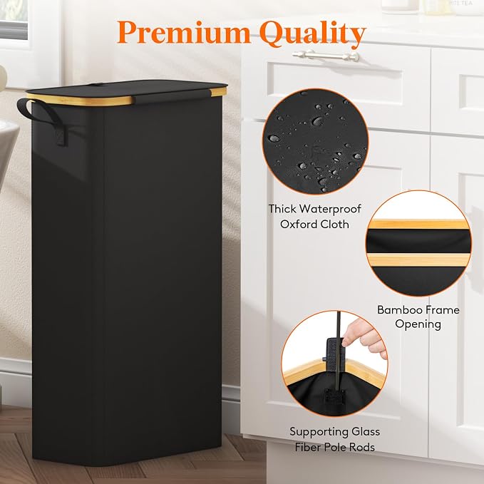 Lifewit 65L Slim Laundry Hamper with Lid, Narrow Laundry Basket with Removable Bag & Bamboo Handles, Fodable Thin Dirty Clothes Hamper for Laundry Collapsible Bin for Bathroom Bedroom Dorm, Black - Image 7