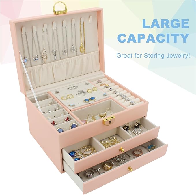 KOOAAICCHI Jewelry Box for Women, 3-Layer Jewelry Organizer, Jewelry Storage Case PU Leather for Earrings, Bracelets, Ring, Necklaces-Pink - Image 2