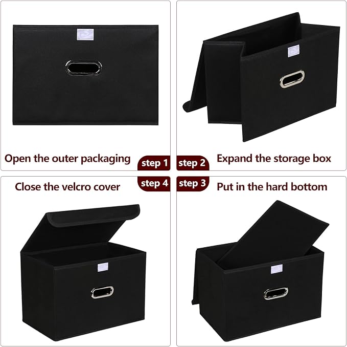 STOREONE Fabric Storage Cube Bins Foldable Organizer Container Collapsible Basket with Lids and Metal Handles, for Home, Bedroom, Closet (Black, 3 Pcs) - Image 6