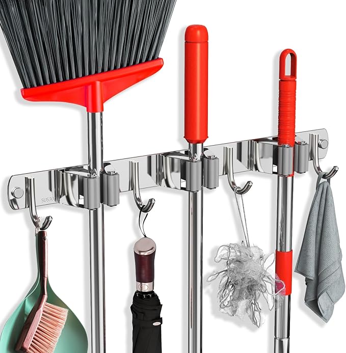 Mop and Broom Holder Wall Mount, Upgraded Broom Hanger Wall Mount, Stainless Steel Broom Organizer for Closet Garage Laundry Room Kitchen Wall Decor(3Racks 4Hooks Silver) by FODARSAI