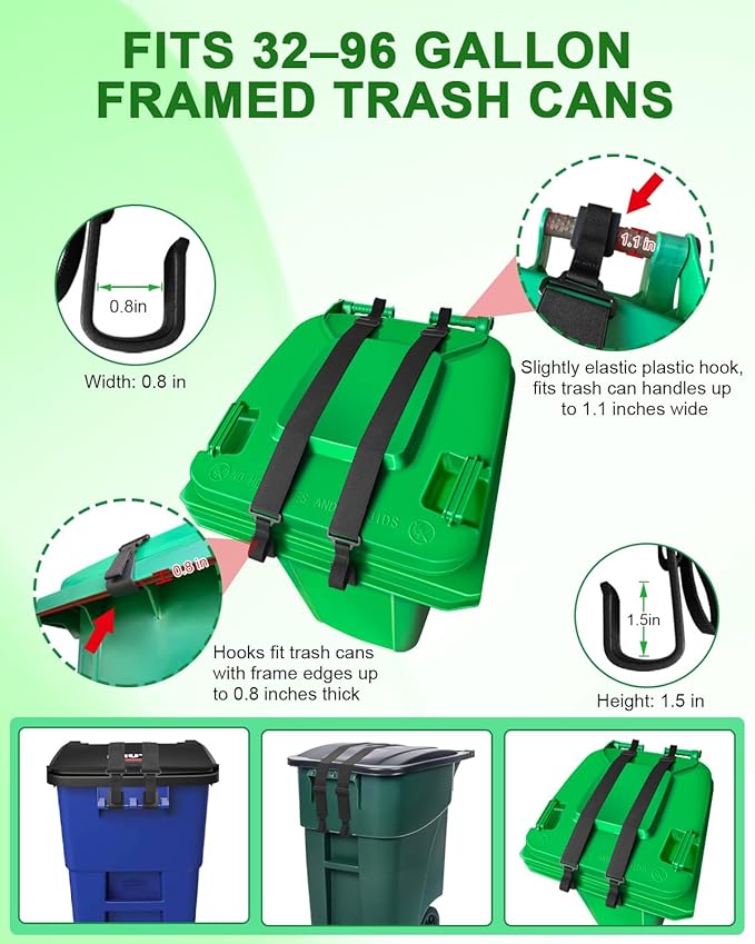 2 PCS Adjustable Double Claw Trash Can Lock Strap to Prevent Raccoons, Dogs, Mice and Other Small Animals From Rummaging, Garbage Can Lid Lock Keeps Lid Securely in Place in Strong Winds - Image 2