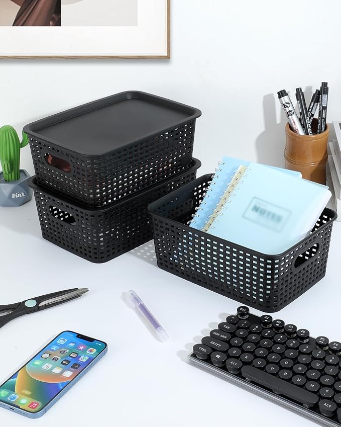 Storage Bins Plastic Storage Baskets With Lid Small Baskets for Organizing Stackable Storage Container Organizer Bins for Shelves Drawers Desktop Playroom Classroom Office, 6 Pack,Black - Image 7
