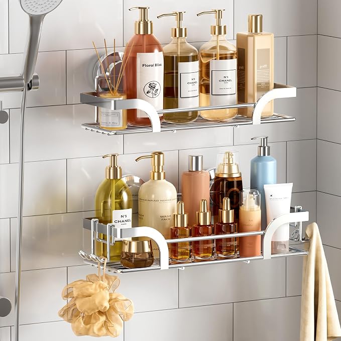 TAILI Shower Caddy Suction Cup 2 Pack, Heavy Duty Bathroom Basket, Bath Shelves for Inside,Stainless Steel Shower Holder for Bathroom Storage & Home Decor,Silver by TAILI