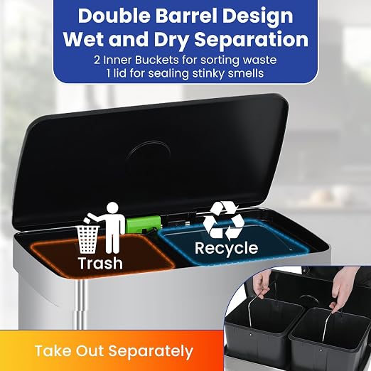PayLessHere Dual Compartment Recycling Trash Can with Removable Buckets, 60L Stainless Steel Foot Pedal Trash Can with Soft-Close Lid for Home, Kitchen, Office, Bathroom. - Image 5