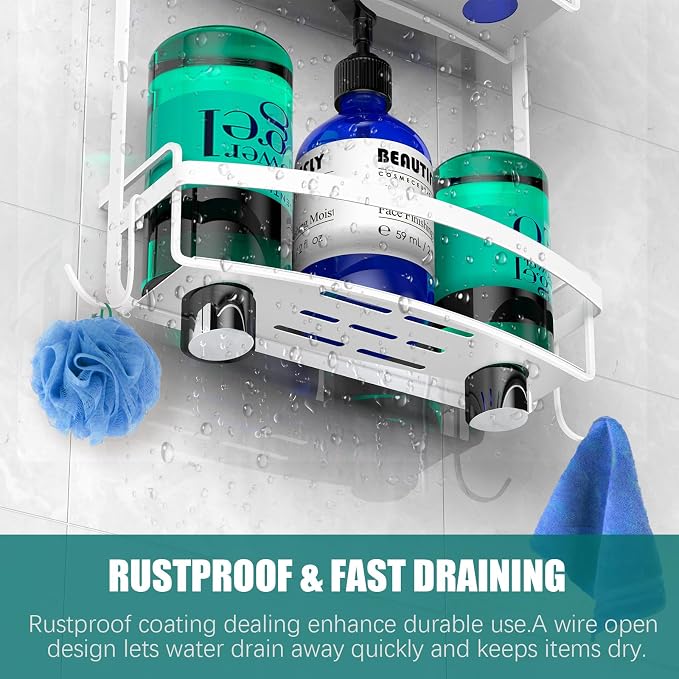 Meangood Shower Caddy Over Shower Head, White Anti-Swing Hanging Shower Caddy with 4 Remove Hooks for Razor, Sponge, Towels Rustproof Shower Organizer for Bathroom - Image 5