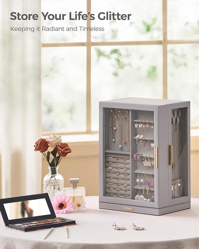 Glimmloop 360° Rotating Jewelry Box with 7 Drawers, Spacious Vertical Jewelry Organizer with Glass Window, Jewelry Storage Case, Dustproof & Moisture-resistant Design, Grey - Image 2