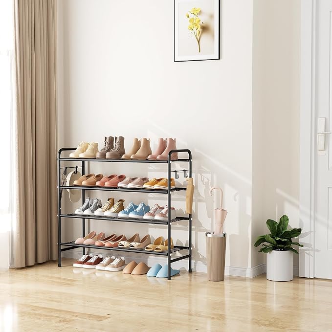 VILICK 4-Tier Shoe Rack 33" Wide Metal Shoe Organizer Long Shoe Storage with 4 Side Hooks Sturdy Shoes Shelf for Closet, Front Door Entrance, Garage, Dorm, Black - Image 7