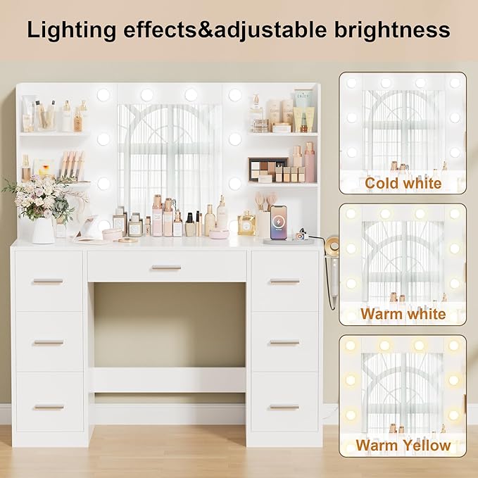 Makeup Vanity Desk with Mirror and 10 Lights, Table with 7 Drawers and 4 Open Shelves, 3 Color Modes and Adjustable Brightness, Charging Station for Bedroom, Bright White