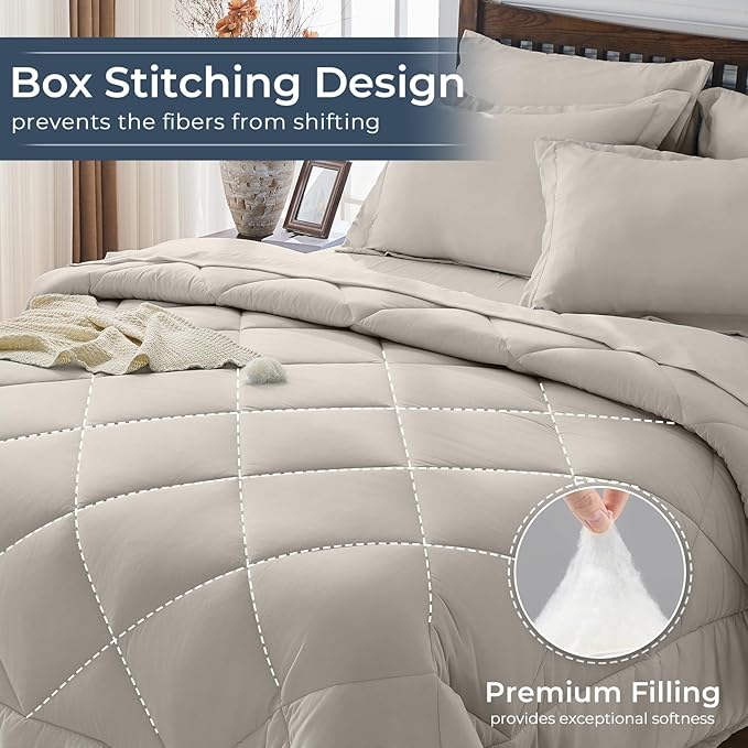 HEVUMYI Oatmeal Twin Comforter Set - 5-Piece All Season Bed in a Bag Twin, Ultra Soft Bedding Set with Comforter, Flat Sheet, Fitted Sheet, Pillowcases, Pillow Shams