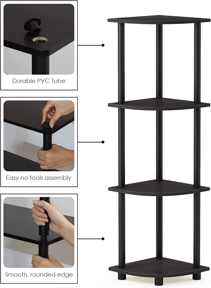 Furinno TURN-N-TUBE Corner Shelf, 4-Tier Corner Bookshelf, Display Storage Shelves with Open Shelves, for Organization and Storage, Living Room, Home Office, Garage, Espresso - Image 5