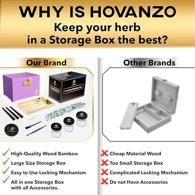 HOVANZO Premium Large Bamboo Storage Box with Removable Tray - Storage Wood Box for Herbs and Accessories - Storage Box Set with Combination Lock - Smell Proof Container with Accessories - Image 3