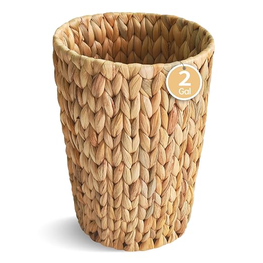 Coeusy Wicker Trash Can,Small Bathroom Trash Can,Water Hyacinth Wicker Waste Basket for Bathroom,Boho Waste Basket for Bedroom,Home Office,Compact Spaces(2 Gallon Round) by WEAVECOMFORTINTOEVERYCORNER