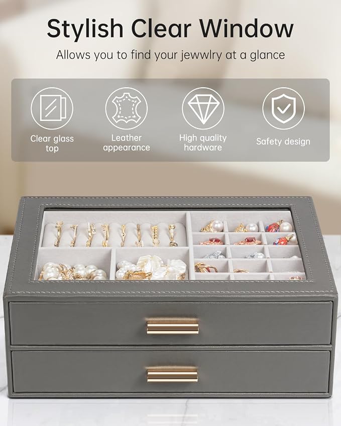 AKOZLIN Jewelry Box with Clear Lid Functional Leather Jewelry Storage Organizer Case 2 Drawers for Women Girls Necklace Ring Bracelet Earring - Image 5