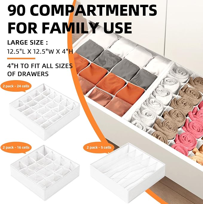 Criusia Drawer Organizer - 6 Set Clothes Organizer for Closet & Bedroom - 90 Cells Bins for Sock, Underwear, Bra, Baby Clothes - Washable & 10xDurable than Non-Woven Fabric (White) - Image 2