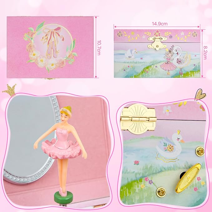 Kids Musical Jewelry Box for Girls- Glitter Storage Box and Jewelry Set- Ballet Birthday Gifts for Little Girls, Ballerina Theme - Swan Lake Tune Pink， 6 x 4.7 x 3.5 in - Ages 3-10 - Image 4