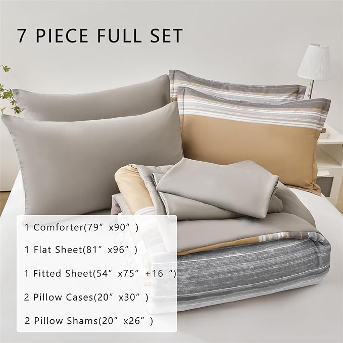 7 Piece Bed in a Bag Stripe Comforter Set Full Size, White Grey Khaki Striped Comforter and Sheet Set, All Season Soft Microfiber Complete Bedding Set(Khaki,Full)