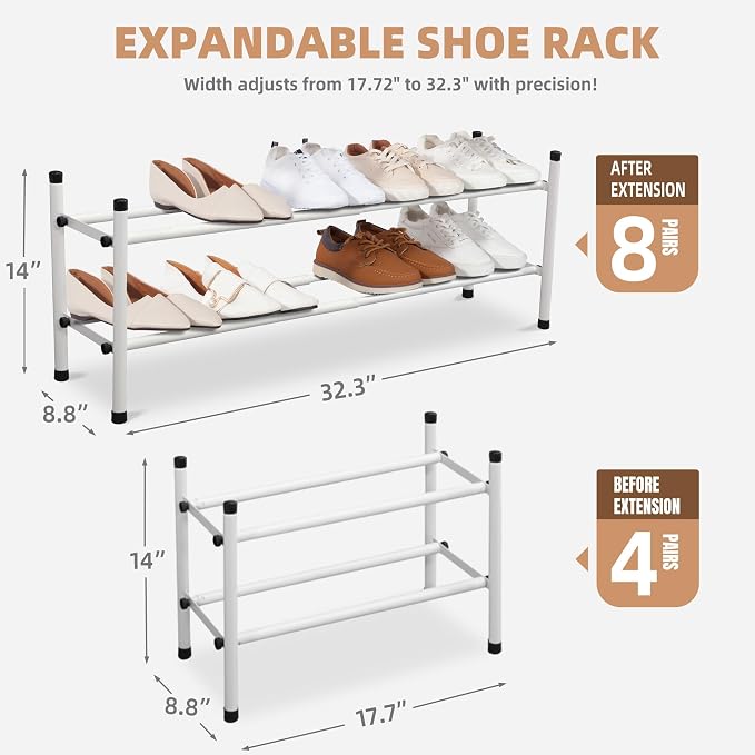 STORAGE MANIAC Expandable Shoe Rack, 8 Pairs Stackable Small Shoe Rack, Metal Adjustable Shoes Organizer for Closet, Entryway, Hallway, Garage, Front Door, Shoes Shelves, White 2 Tier - Image 3