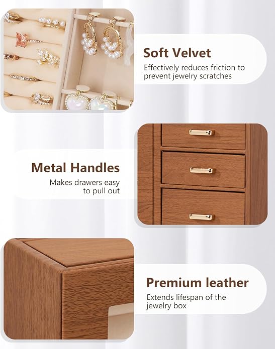 Homde Large Jewelry Box/Organizer/Case with Glass Window, Drawers for Necklaces Earrings Rings Bracelets Watches Gift for Women Girls - Image 5
