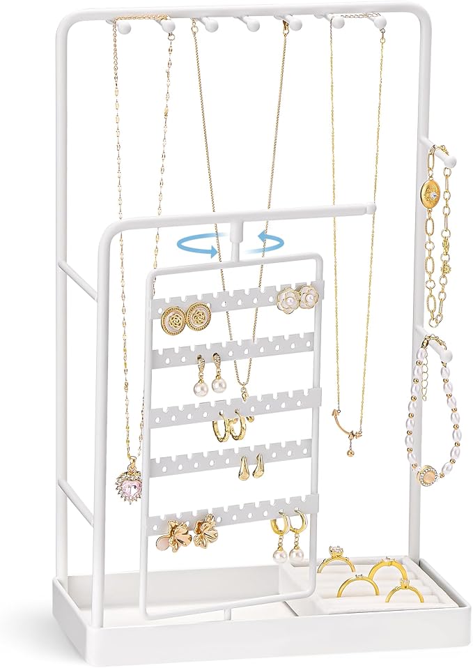 ProCase Jewelry Stand Holder Organizer, Jewelry Display Storage with Ring Tray, Rotating Earring Bracelet Necklace Holder, Valentine's Gifts Room Dorm Decor for Teen Girls -White (No-Assembly) by ProCase