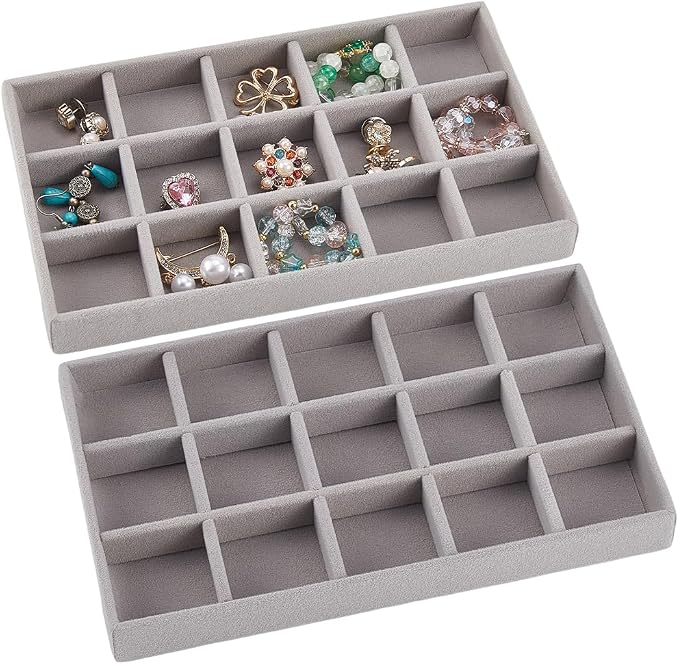 2Pcs 5 x 8.3 Inch Jewelry Drawer Inserts Velvet Jewelry Tray Gray 15 Grids Dresser Earring Drawer with Removable Divider Necklace Organizer Storage Container for Bracelet Ring Watch Display - Image 7